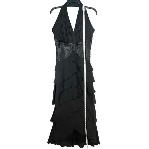 Tadashi Shoji Y2K Halter Dress 12 Black Silk Tiered Layer Cocktail Gown Romantic - Picture 9 of 16
